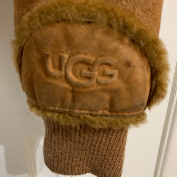 UGG Suede Shearling Fur Bomber Zipper Hood Jacket - Picture 2 of 5